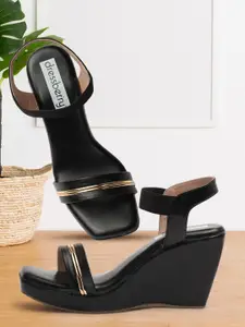 DressBerry Black And Gold-Toned Striped Wedge Heels