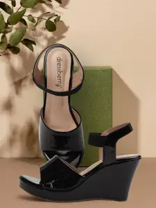 DressBerry Black Open Toe Wedge Heels