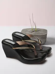 DressBerry Black And Gold-Toned T-Strap Wedge Heels