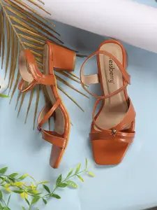 DressBerry Tan Brown Strappy Block Heels