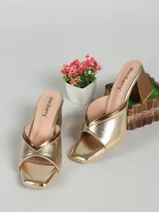 DressBerry Gold-Toned Textured Open Toe Block Heels