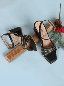 DressBerry Black And Gold-Toned Striped Block Heels