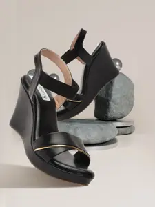 DressBerry Black Open Toe Wedge Heels