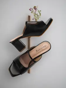 DressBerry Black Laser Cuts Block Heel Mules