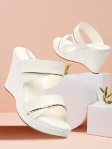 DressBerry White And Gold-Toned Double Strap Wedge Heels