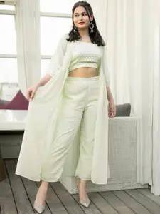 Libas Green Crop Top With Trousers & Shrug