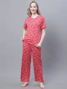 Kanvin Red & White Conversational Printed Night Suit