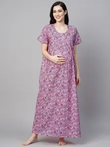 MomToBe Floral Printed Pure Cotton Maternity Maxi Sustainable Nightdress
