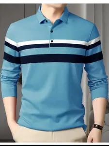 Eyebogler Striped Polo Collar Long Sleeve Cotton T-shirt