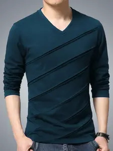 Eyebogler Self Design V-Neck Long Sleeve Cotton T-shirt