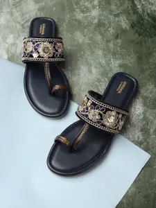 Anouk Navy Blue & Gold Toned Embellished Embroidered Open One Toe Flats