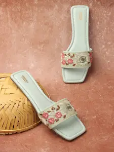 Anouk Sea Green & Pink Embroidered Open Toe Flats