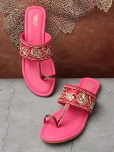 Anouk Pink & Gold Toned Embellished Embroidered Open One Toe Flats