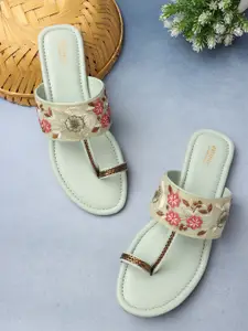 Anouk Sea Green & Pink Embellished Embroidered Open One Toe Flats