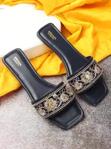 Anouk Navy Blue & Gold Toned Embroidered Open Toe Flats