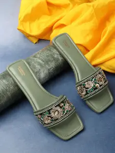 Anouk Olive Green & Gold Toned Emebllished Embroidered Open Toe Flats