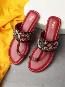 Anouk Maroon & Cream Coloured Embellished Embroidered Open One Toe Flats