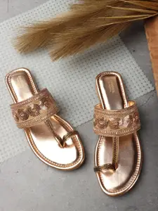 Anouk Copper-Toned Embellished Embroidered Open One Toe Flats