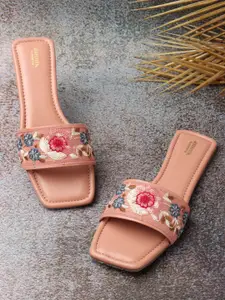 Anouk Peach-Coloured & Blue Embellished Embroidered Open Toe Flats