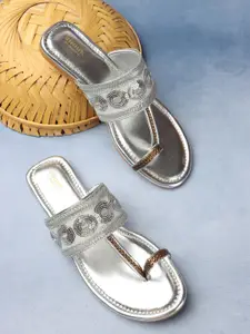 Anouk  Silver-Toned Embellished Embroidered Open One Toe Flats