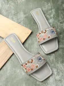 Anouk Grey & Cream Coloured Embellished Embroidered Open Toe Flats