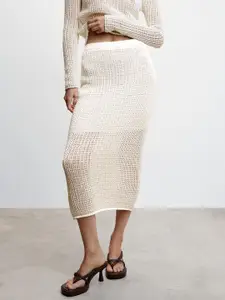 MANGO Self Design Straight Semi Sheer Midi Skirt