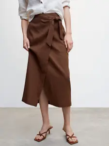 MANGO Linen Wrap Design Tie-up Detail Midi Skirt