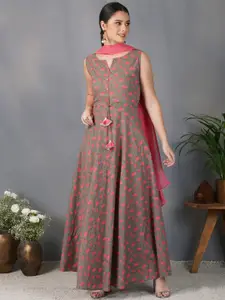 METRO-FASHION Floral Printed Sleeveless Maxi Ethnic Dress With Dupatta