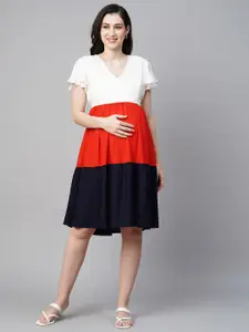 MomToBe V-Neck Colourblocked Maternity Fit & Flare Sustainable Dress