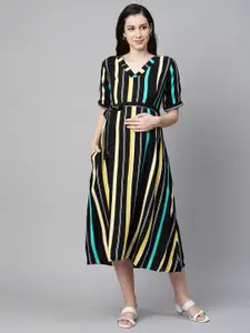 MomToBe Striped V-Neck Maternity Midi A-Line Sustainable Dress With Belt
