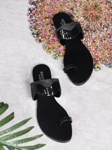 Anouk Black Embellished Fabric Open One Toe Flats