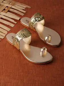 Anouk Gold Toned Embellished Fabric Open One Toe Flats