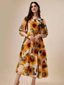 Vaidehi Fashion Floral Print Puff Sleeve Georgette Fit & Flare Midi Dress