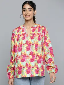 HERE&NOW Floral Print Mandarin Collar Bishop Sleeves Cotton Longline Top