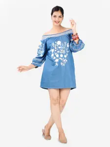 SUMAVI-FASHION Blue & cerulean frost Floral Off-Shoulder Denim A-Line Mini Dress