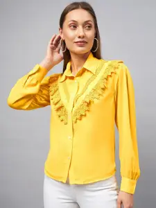 DELAN Laced Cuff Sleeves Crepe Shirt Style Top