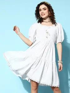 Yufta White Sequined Puff Sleeve Cotton A-Line Dress