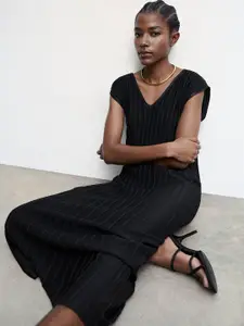 MANGO V-Neck Striped A-Line Midi Dress