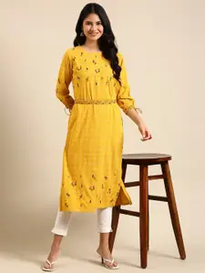 SHOWOFF Floral Embroidered Belted Detail Cotton Silk Kurta