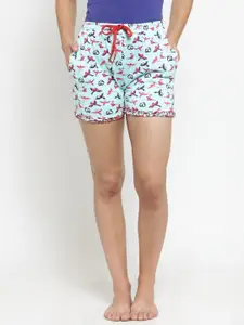 Claura Women Green & Pink Printed Pure Cotton Lounge Shorts