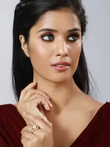 DressBerry Rose Gold-Plated CZ-Studded & White Bead Adjustable Finger Ring