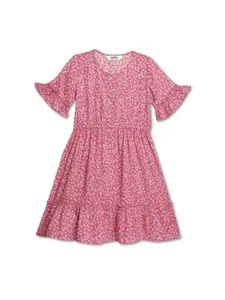 Cantabil Girls Floral Print Bell Sleeve Fit & Flare Dress