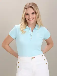 U.S. Polo Assn. Women Zipper Placket Textured Polo Shirt