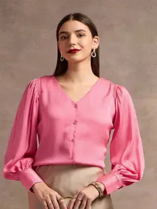 U.S. Polo Assn. Women Textured V-Neck Bishop Sleeve Top