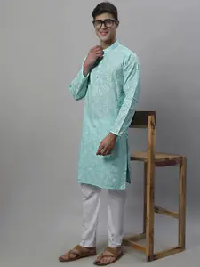 Anouk Turquoise Blue & White Floral Printed Kurta with Pyjamas