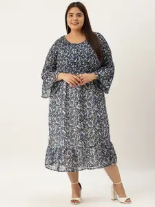 theRebelinme Plus Size Floral Print Bell Sleeve A-Line Georgette Midi Dress
