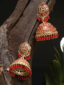 ANIKAS CREATION Gold-Plated Stone Studded & Beaded Dome Shaped Jhumkas