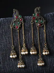 ANIKAS CREATION Gold-Plated Stone Studded & Beaded Peacock Shaped Drop Earrings