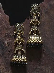 ANIKAS CREATION Gold-Plated Stone Studded & Beaded Dome Shaped Jhumkas