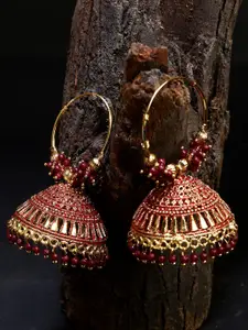 ANIKAS CREATION Gold-Plated Stone Studded & Beaded Dome Shaped Jhumkas
